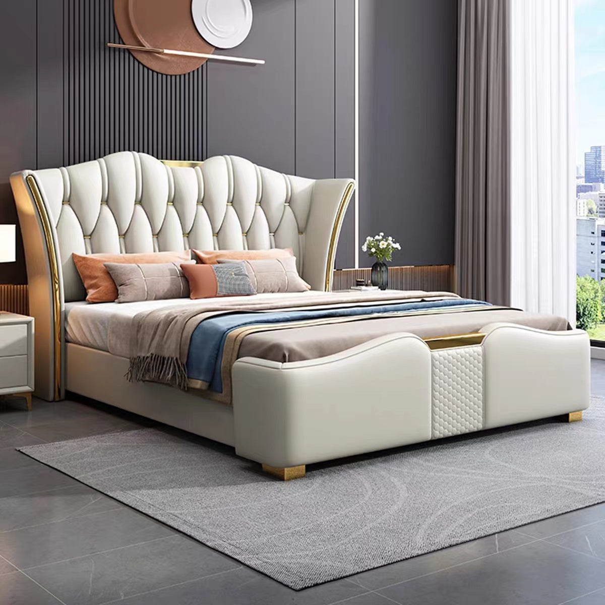 Italian light luxury leather bed bedroom double bed modern simple master bed soft bag storage wedding bed