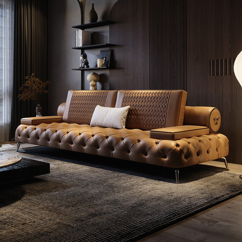 Minimalist master Italian light luxury leather sofa top layer cowhide modern minimalist inline sofa four-seater living room