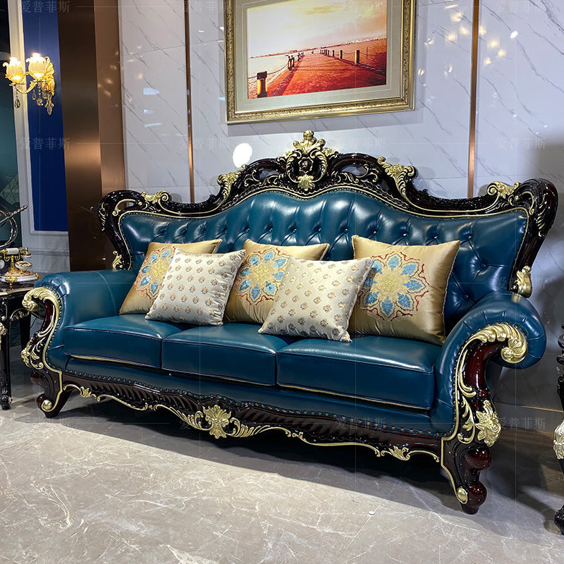 2023 new European style sofa living room leather full solid wood carved large family villa light luxury high-end large flat floor