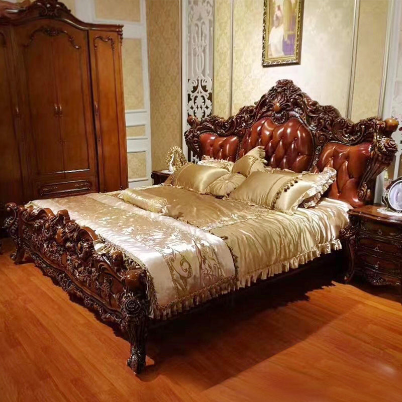 American style leather bed, full solid wood king bed, high-end master bedroom wedding bed, villa, luxury double bed, soft bag, carved leather art bed