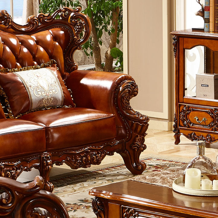 European leather sofa, full solid wood leather, double-sided carved villa, living room, sofa, combination of American furniture