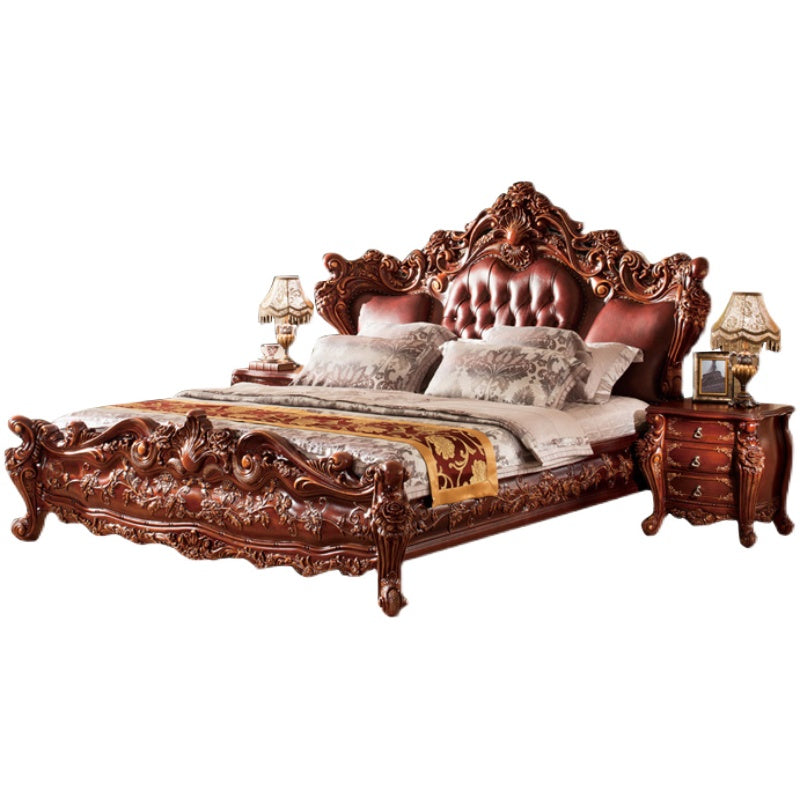 American style leather bed, full solid wood king bed, high-end master bedroom wedding bed, villa, luxury double bed, soft bag, carved leather art bed