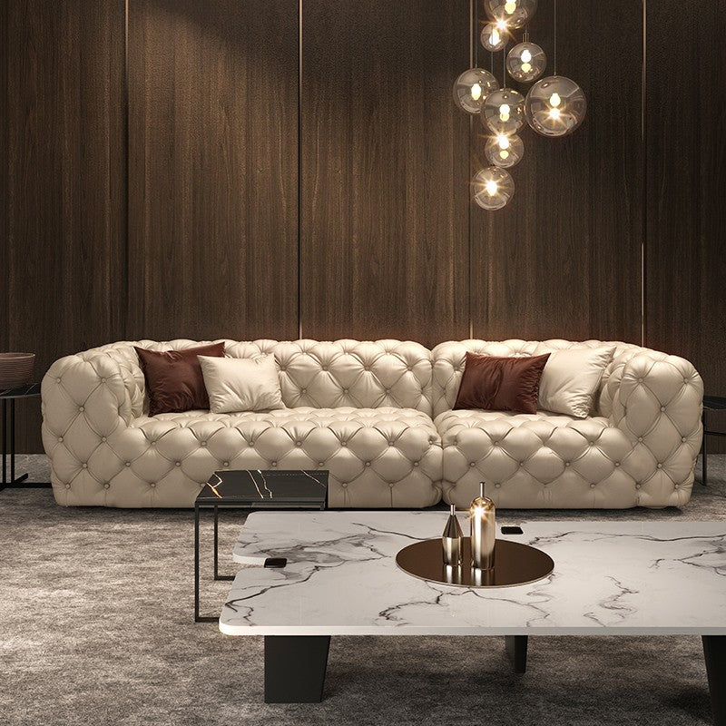 Light luxury U-shaped leather buckle sofa high-grade brown cowhide full leather modern Italian minimalist large flat-story villa