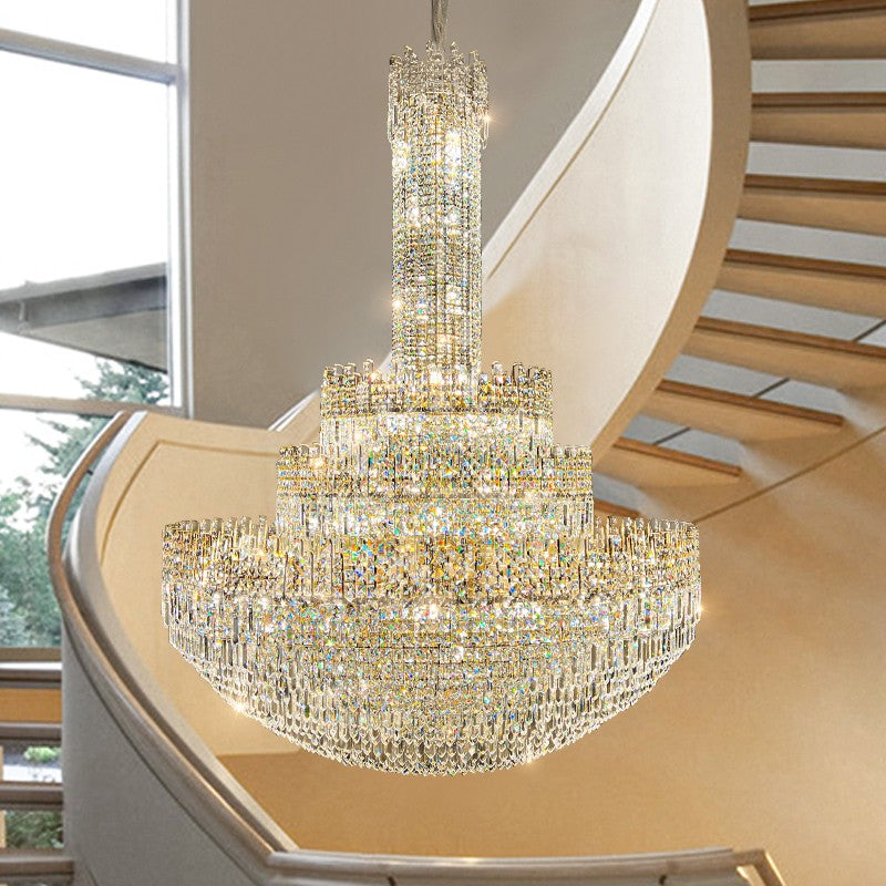 Large chandelier duplex building villa living room hollow main light light luxury high-end atmospheric crystal lamp long chandelier in the middle of the building