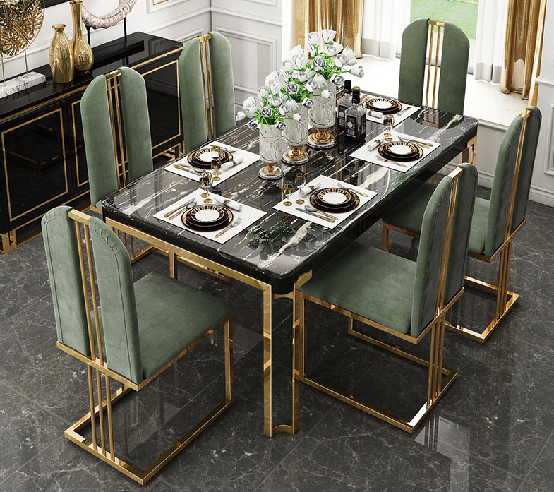 Contemporary Design Rectangle Large Dining Table in Gold with Black Faux Marble Top