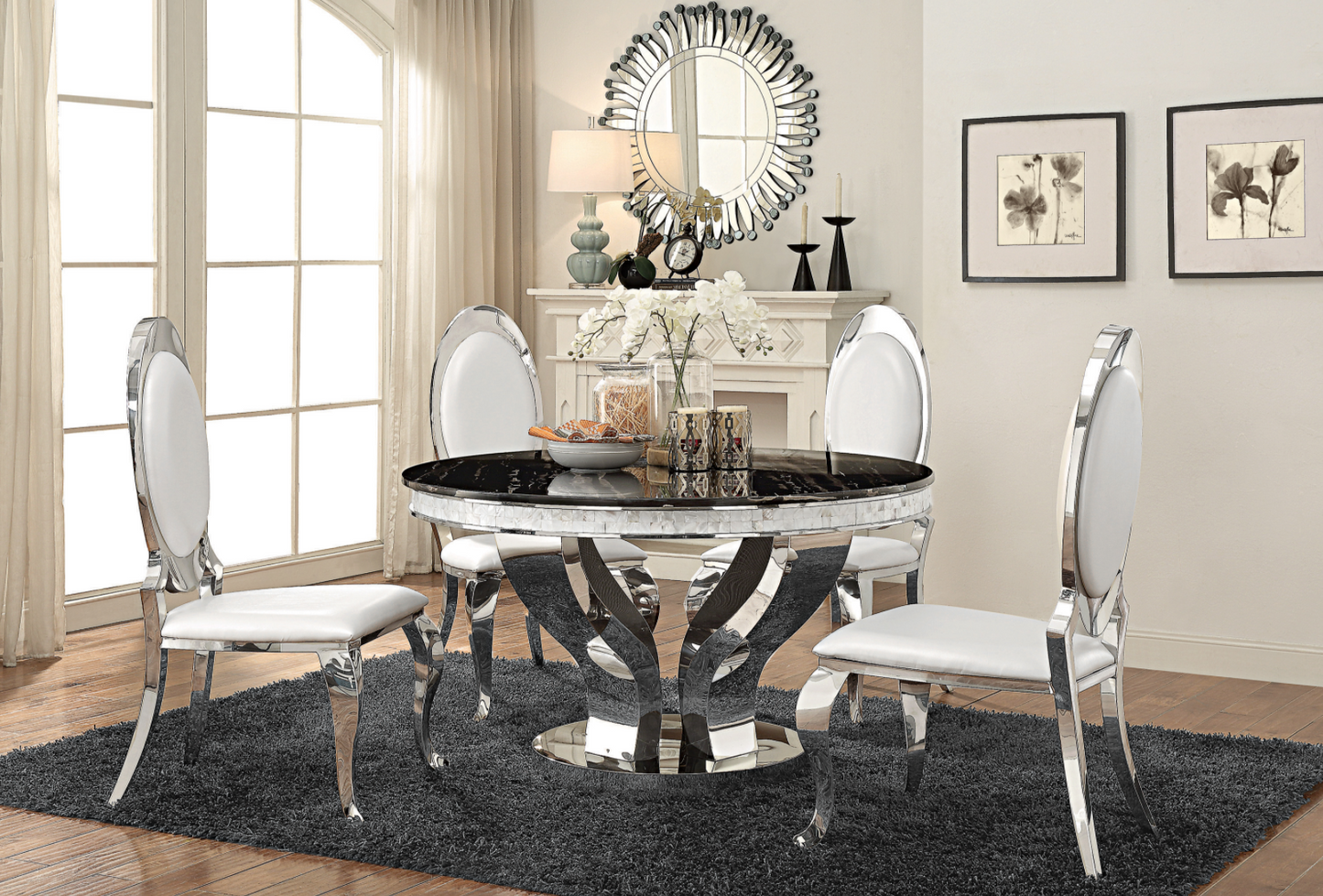 Contemporary Design  Anchorage Round Dining Table Chrome And Black 5 PIECES A SET