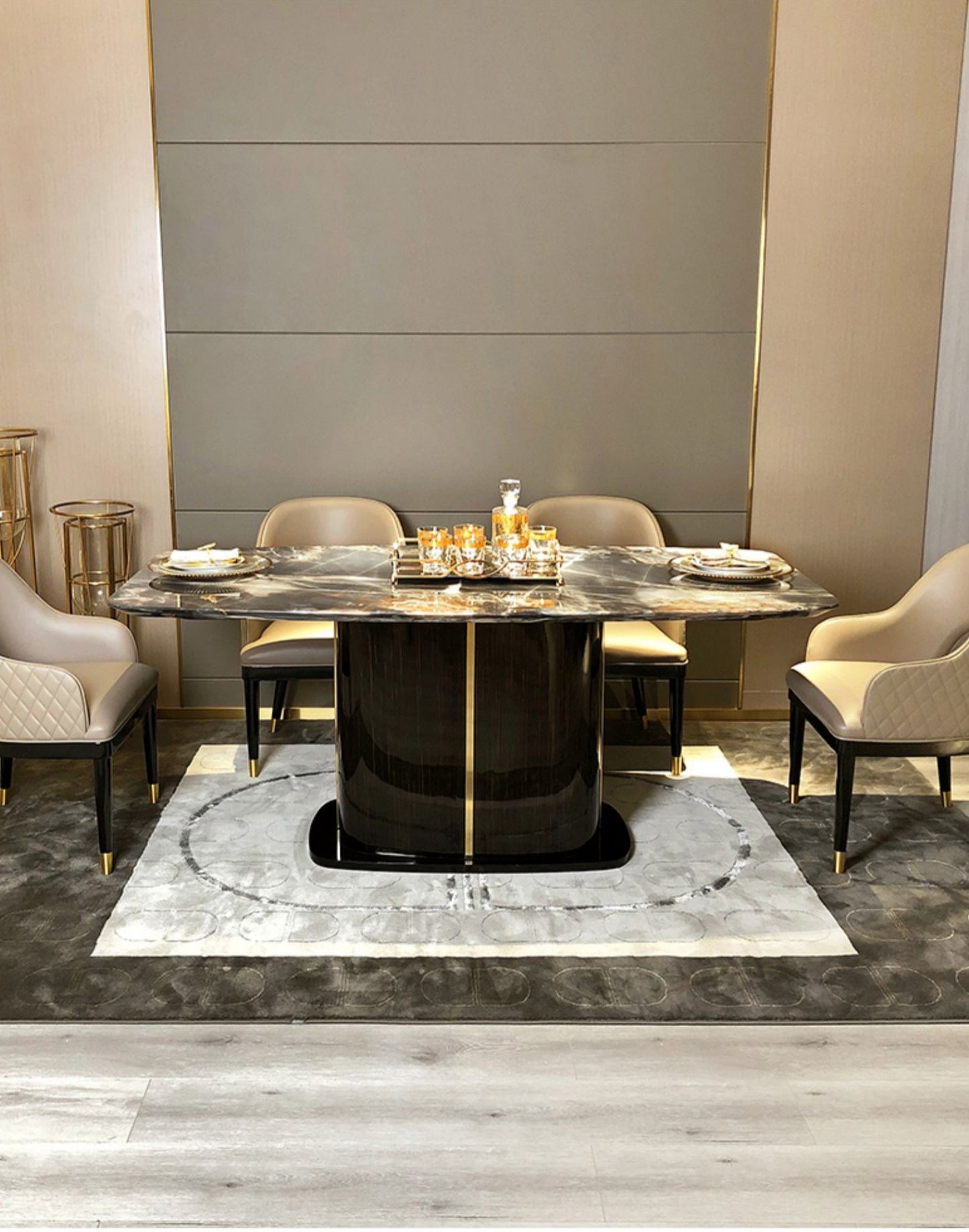 Contemporary Design Geometry Rectangle Large Dining Table in Gold with White Faux Marble Top2