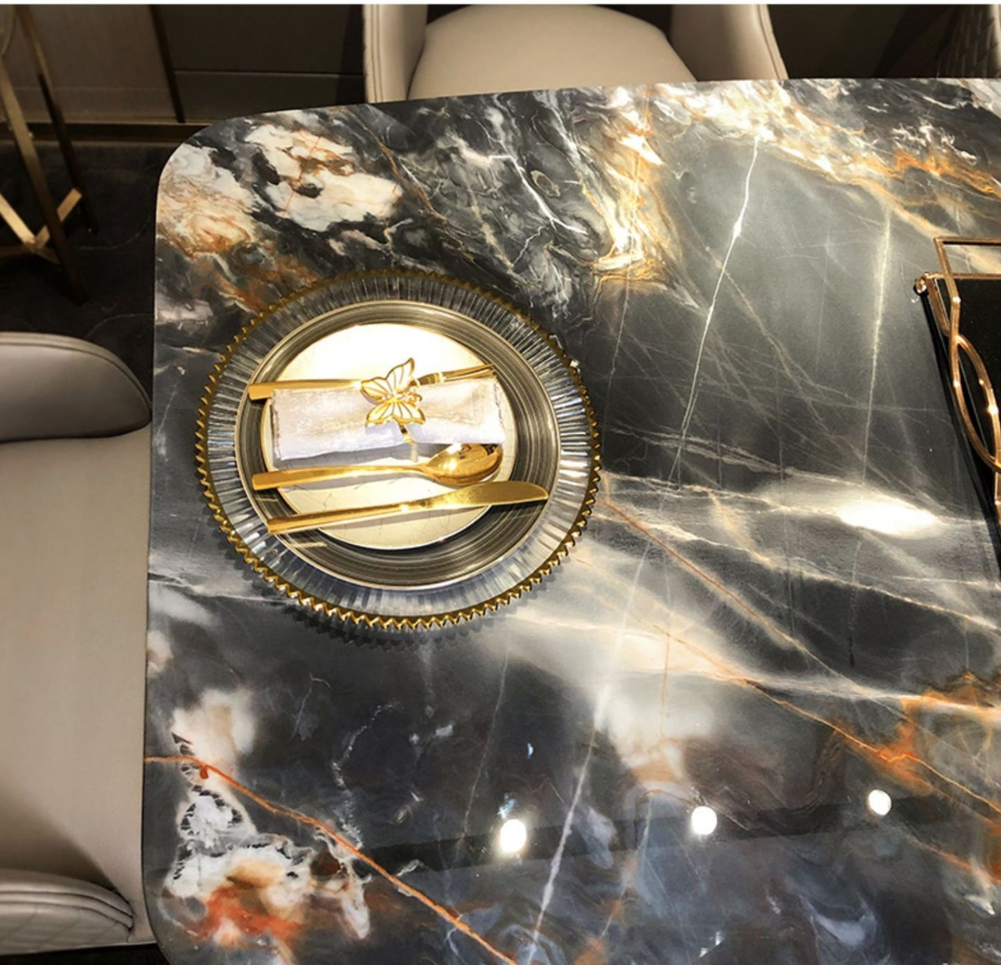 Contemporary Design Geometry Rectangle Large Dining Table in Gold with White Faux Marble Top2