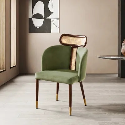 Mid-Century Modern Green Velvet Dining Chair Curved Back Rattan Dining Chairs (Set of 2)