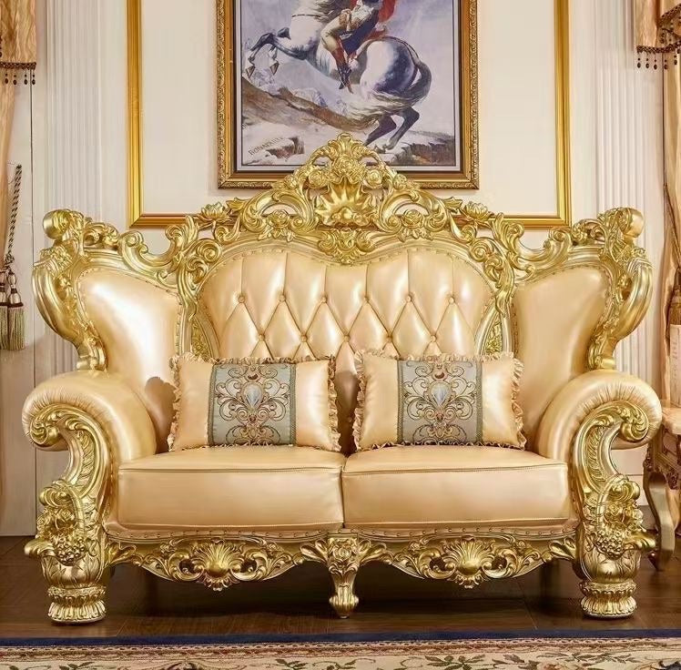 American all-solid wood sofa European leather living room furniture combination French luxury villa luxury carved sofa