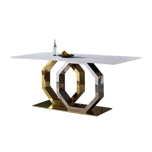 Contemporary Italy design Rectangular Dining Table stone Top Double Pedestal Titanium  in Gold and chrome