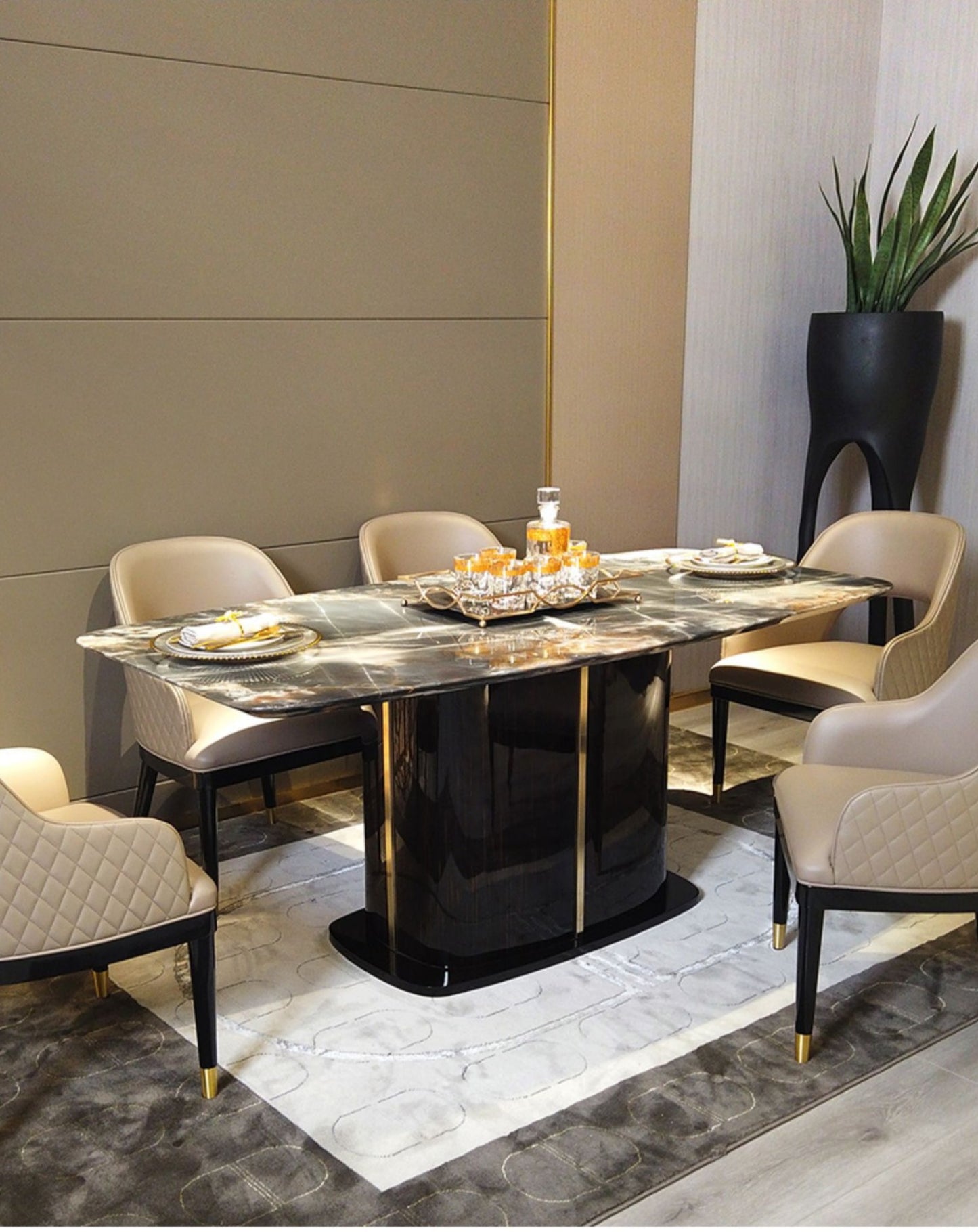 Contemporary Design Geometry Rectangle Large Dining Table in Gold with White Faux Marble Top2