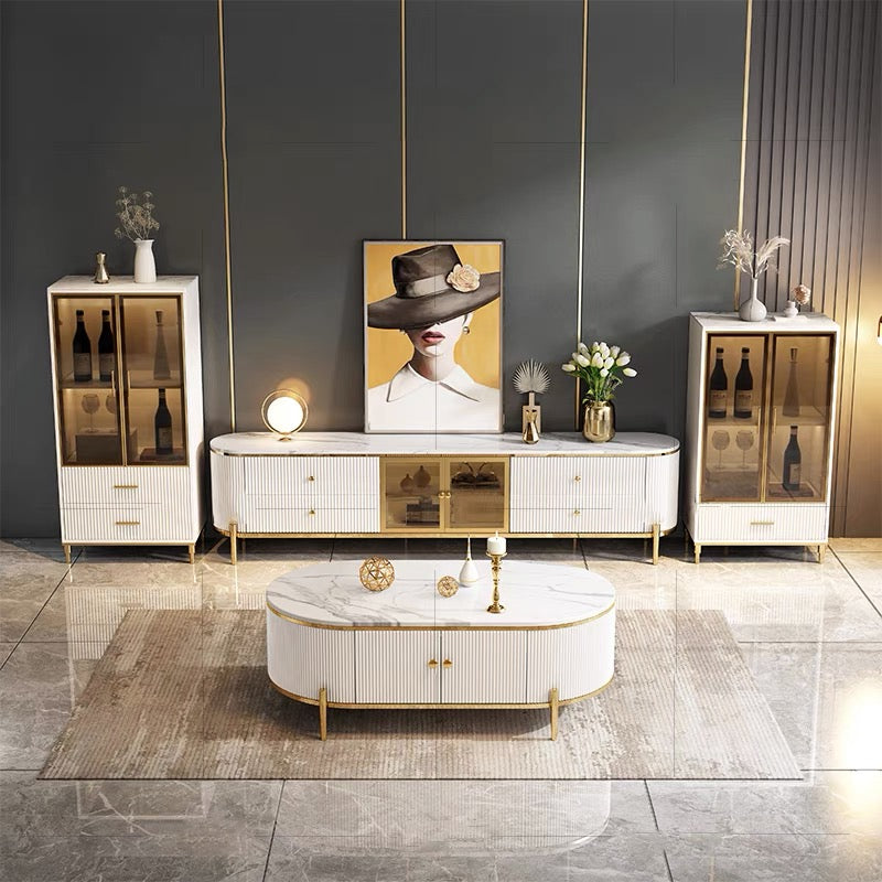 Contemporary off White TV Stand Luxury Tempered Glass Doors Media Console