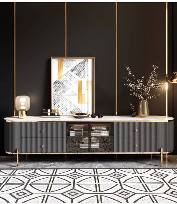 Contemporary off White TV Stand Luxury Tempered Glass Doors Media Console