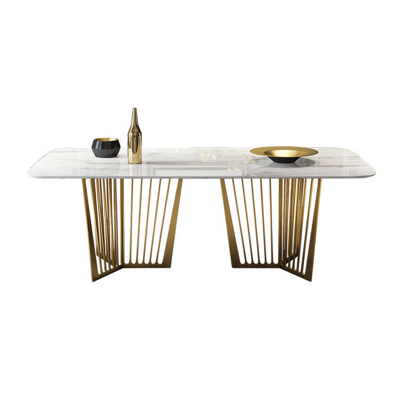 Contemporary Design Rectangle Large Dining Table in Gold with White Faux Marble Top