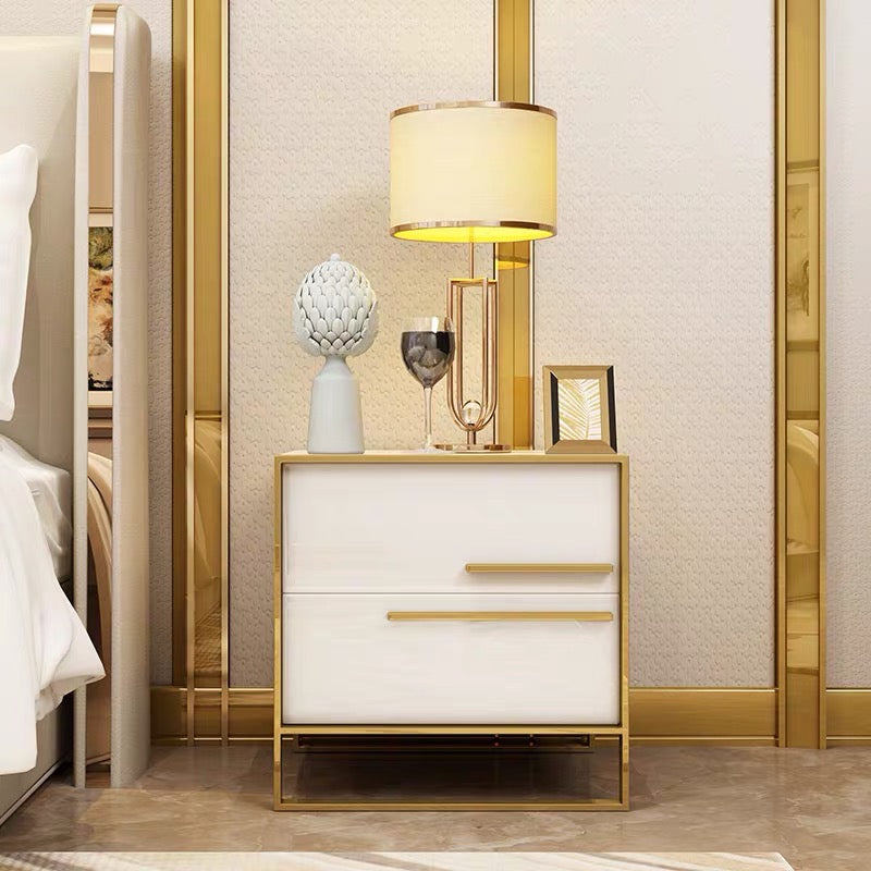 Contemporary Italy Design  2 Drawer White Lacquer Nightstand In Gold  Stainless Steel Base