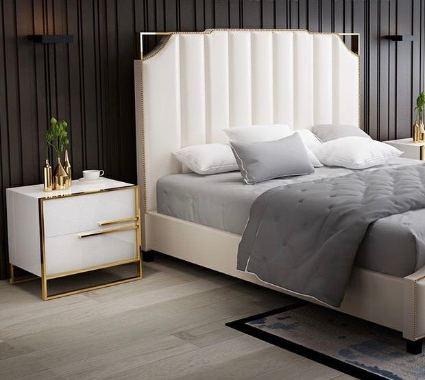 Contemporary Italy Design 2 Drawer White Lacquer Nightstand In Gold Stainless Steel Base