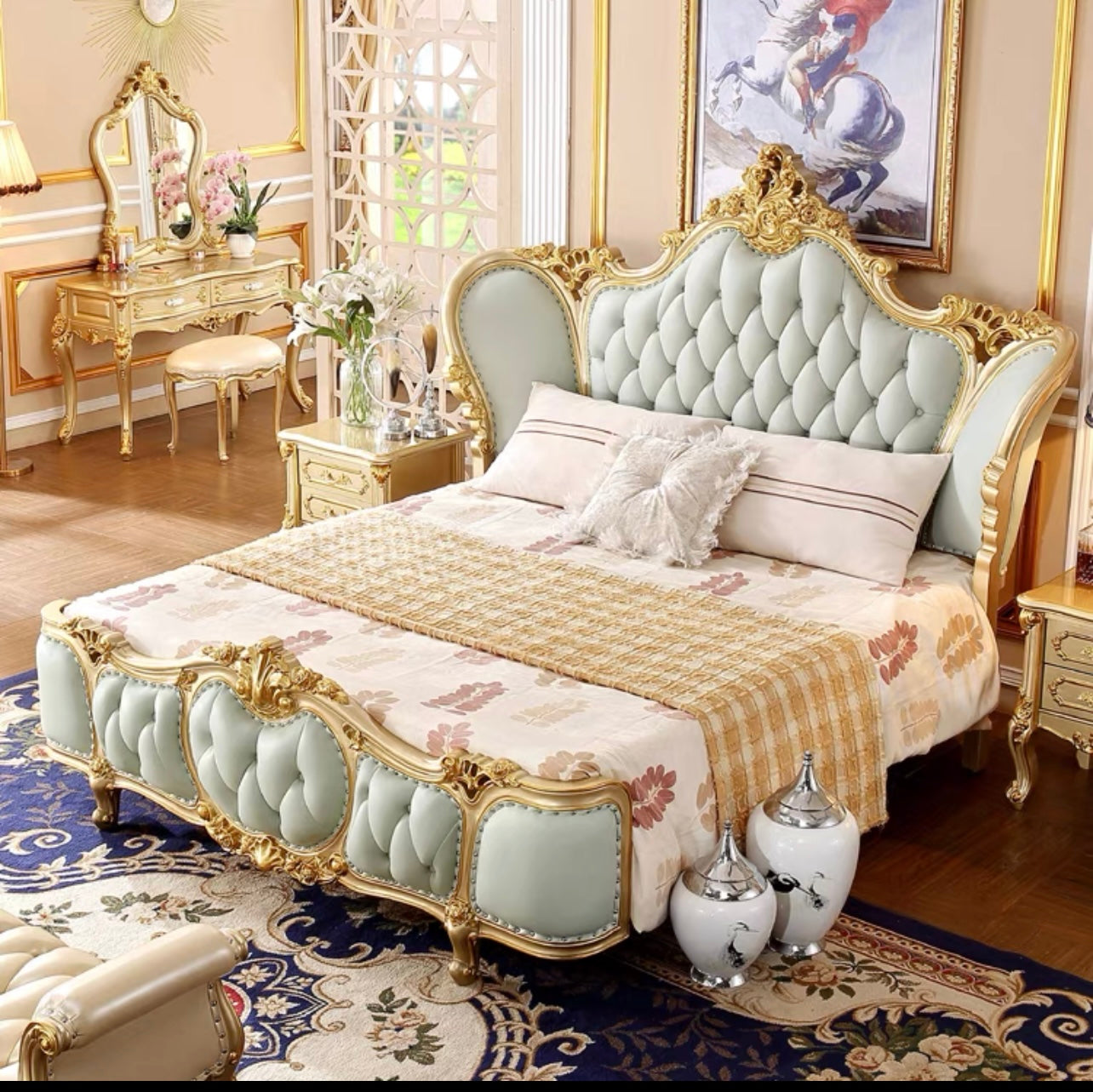 Golden solid wood bed frame Beautiful European furniture