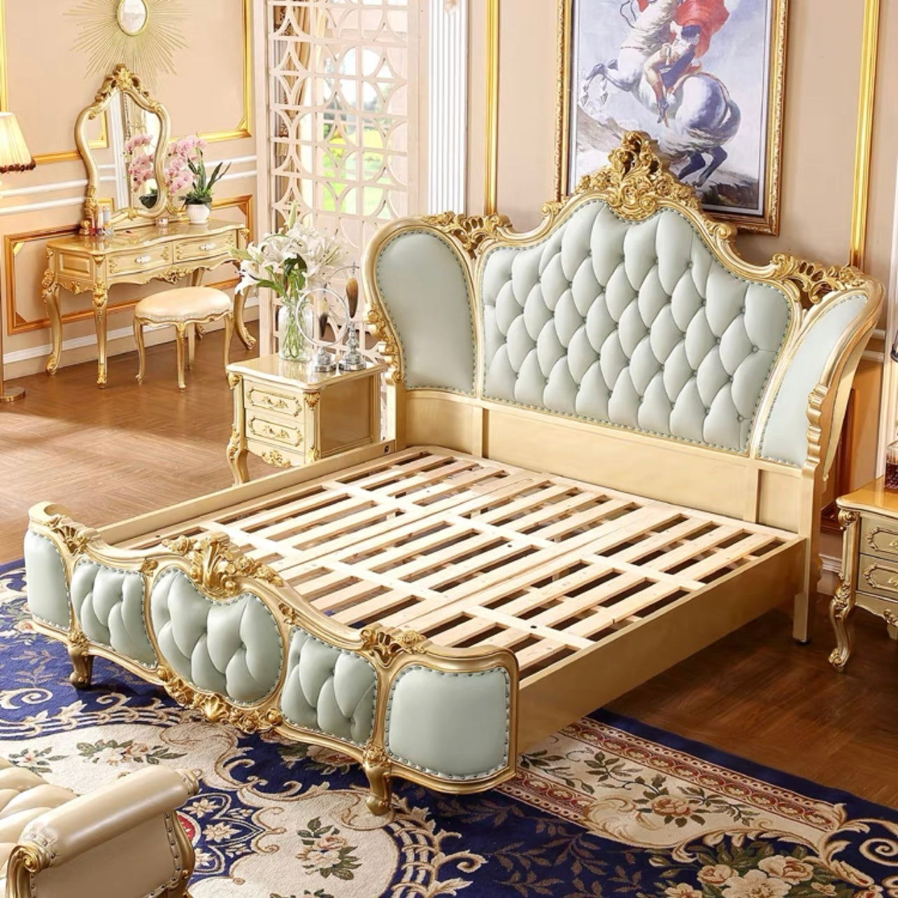 Golden solid wood bed frame Beautiful European furniture