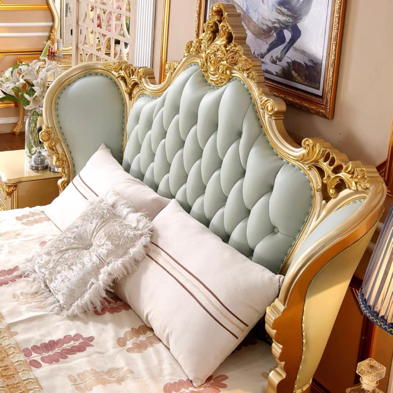 Golden solid wood bed frame Beautiful European furniture