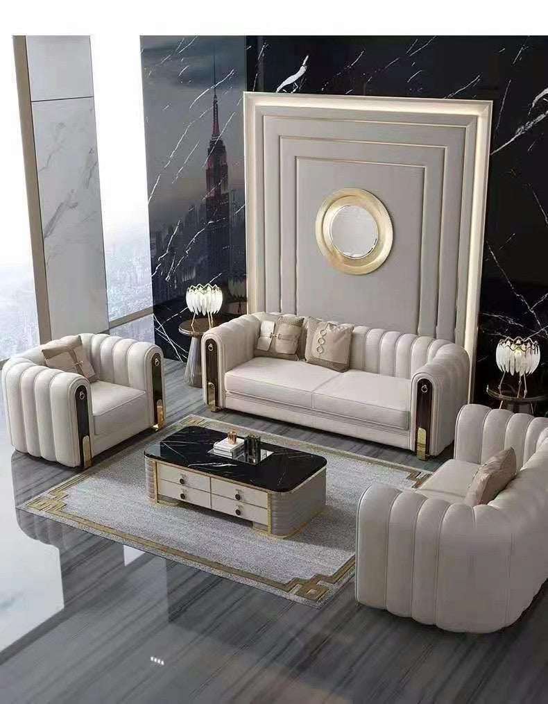 Contemporary design Modern  stainless steel base + velvet/ leather sofa