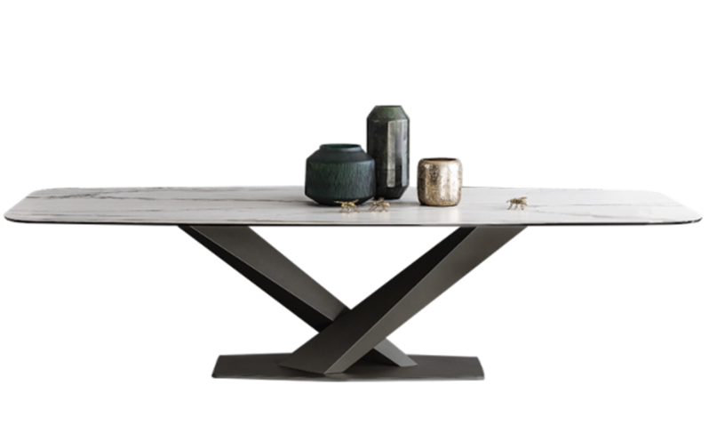 Contemporary Design Geometry Rectangular Large Dining Table in Gold with White Faux Marble Top