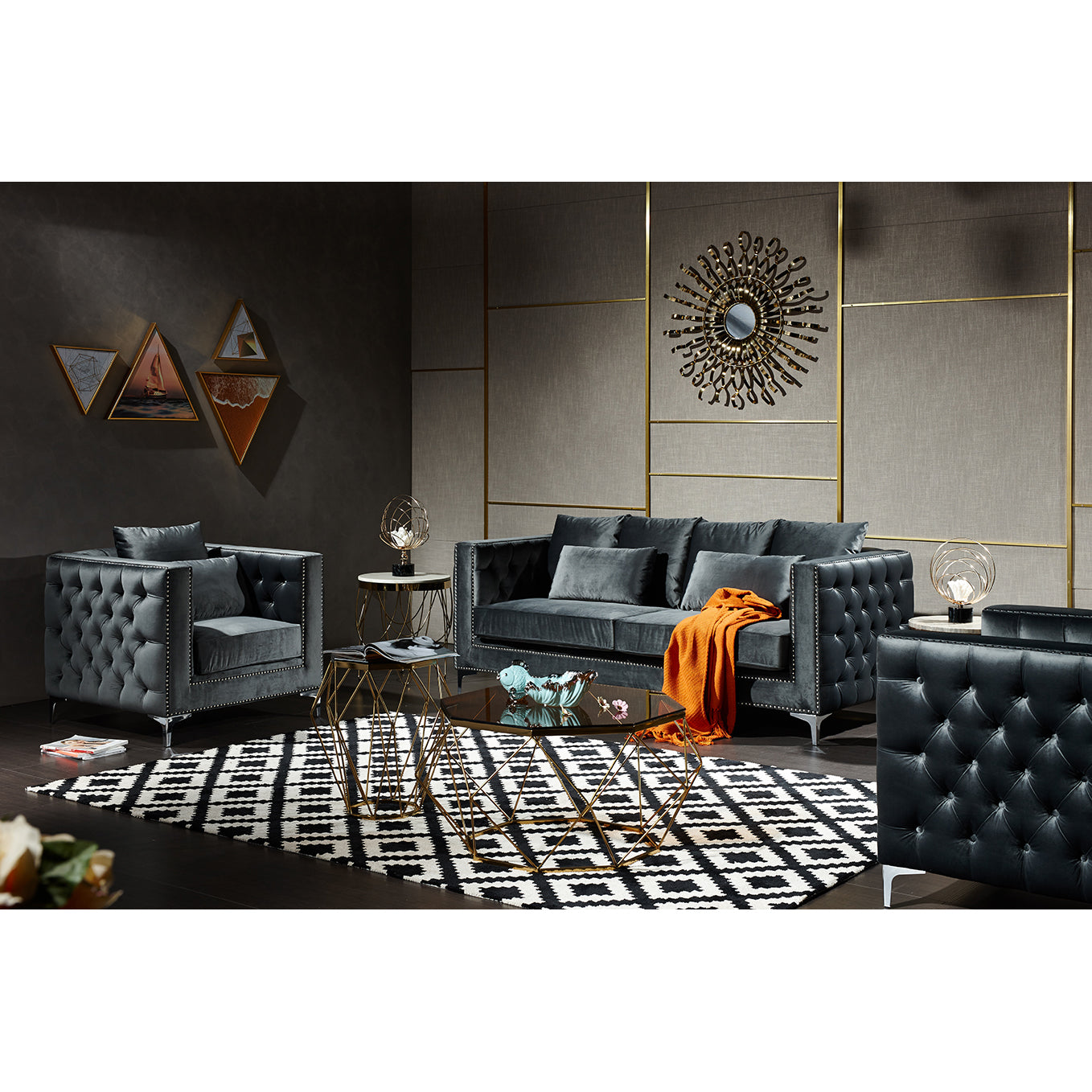 3-Pieces  Modern Metal Style Sofa Set, Dark Gray