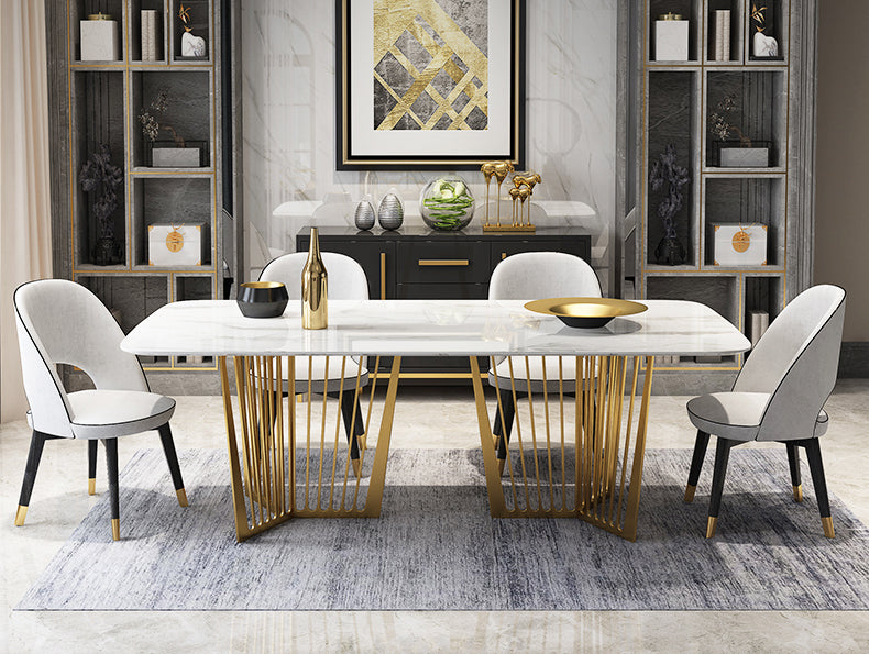 Contemporary Design Rectangle Large Dining Table in Gold with White Faux Marble Top