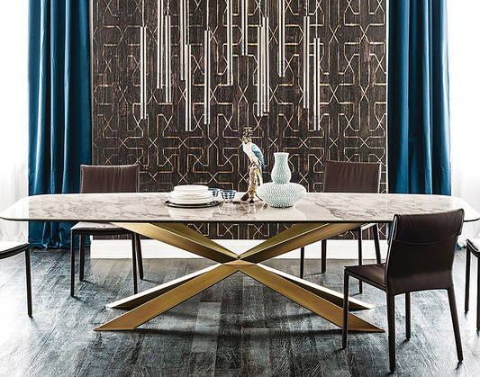 Contemporary Design Geometry Rectangle Large Dining Table in Gold with White Faux Marble Top