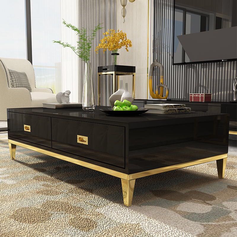 White/Black Coffee Table with Two Drawlers Gold Stainless Steel