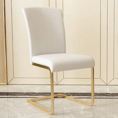 Modern Minimalist Upholstered White PU Leather Dining Chairs Set of 4 Gold Metal Base