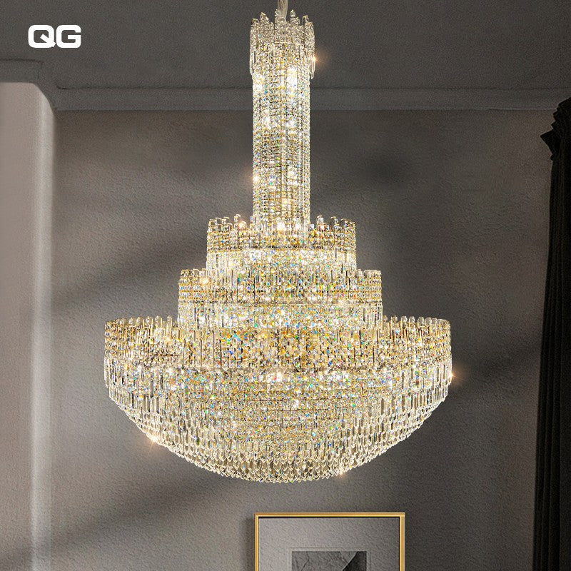 Large chandelier duplex building villa living room hollow main light light luxury high-end atmospheric crystal lamp long chandelier in the middle of the building