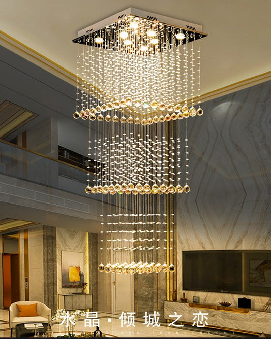 Duplex building living room large chandelier square hotel villa self-built room modern crystal hollow staircase long chandelier