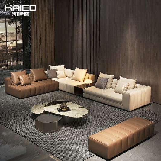 High-definition piano keys leather sofa color matching corner living room Italian light luxury atmosphere villa large apartment modern simplicity