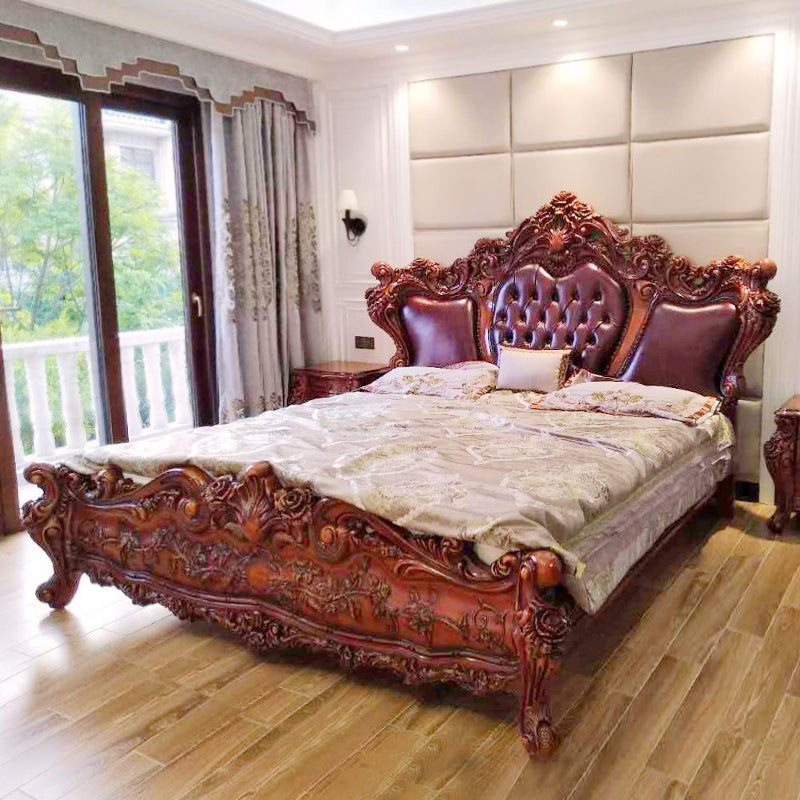 American style leather bed, full solid wood king bed, high-end master bedroom wedding bed, villa, luxury double bed, soft bag, carved leather art bed
