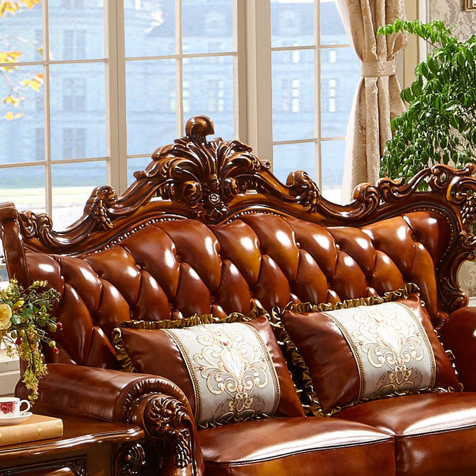 European leather sofa, full solid wood leather, double-sided carved villa, living room, sofa, combination of American furniture