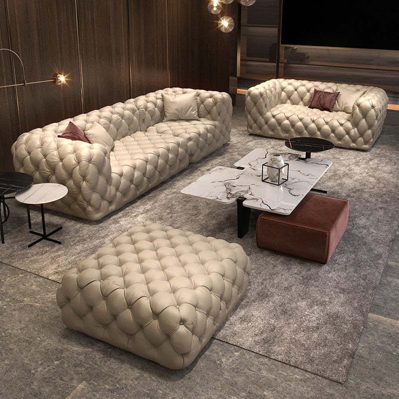Light luxury U-shaped leather buckle sofa high-grade brown cowhide full leather modern Italian minimalist large flat-story villa