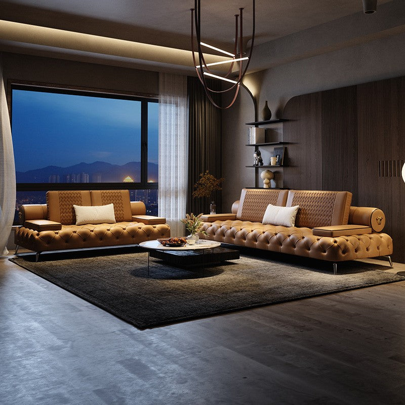 Minimalist master Italian light luxury leather sofa top layer cowhide modern minimalist inline sofa four-seater living room