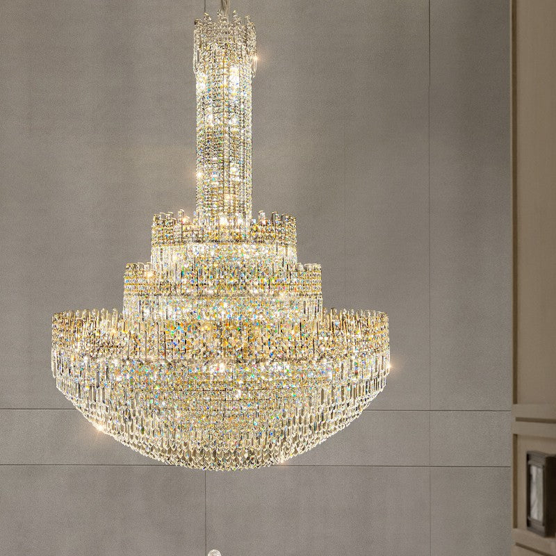 Large chandelier duplex building villa living room hollow main light light luxury high-end atmospheric crystal lamp long chandelier in the middle of the building