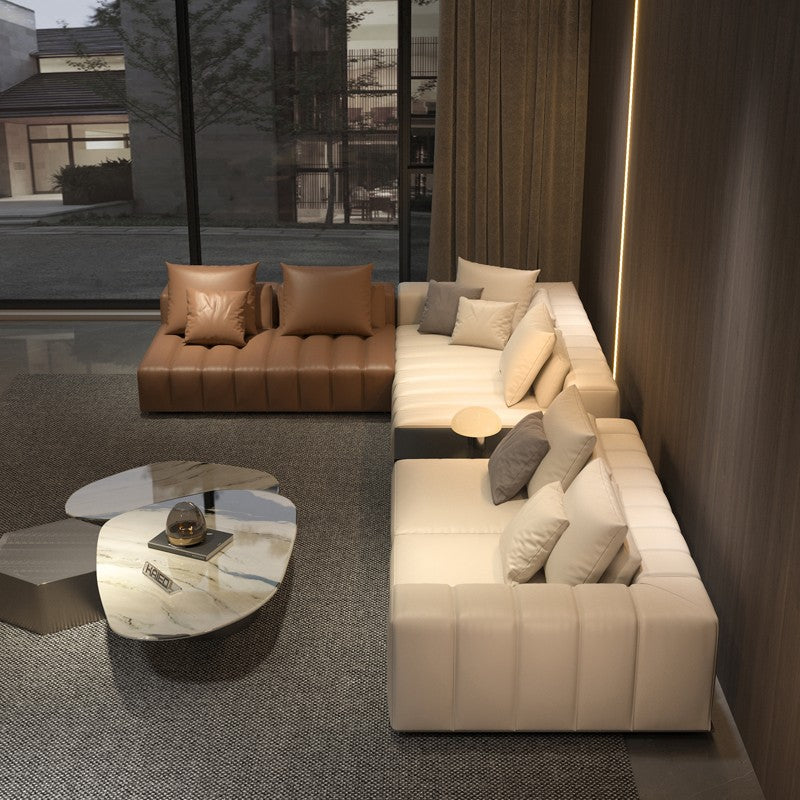 High-definition piano keys leather sofa color matching corner living room Italian light luxury atmosphere villa large apartment modern simplicity