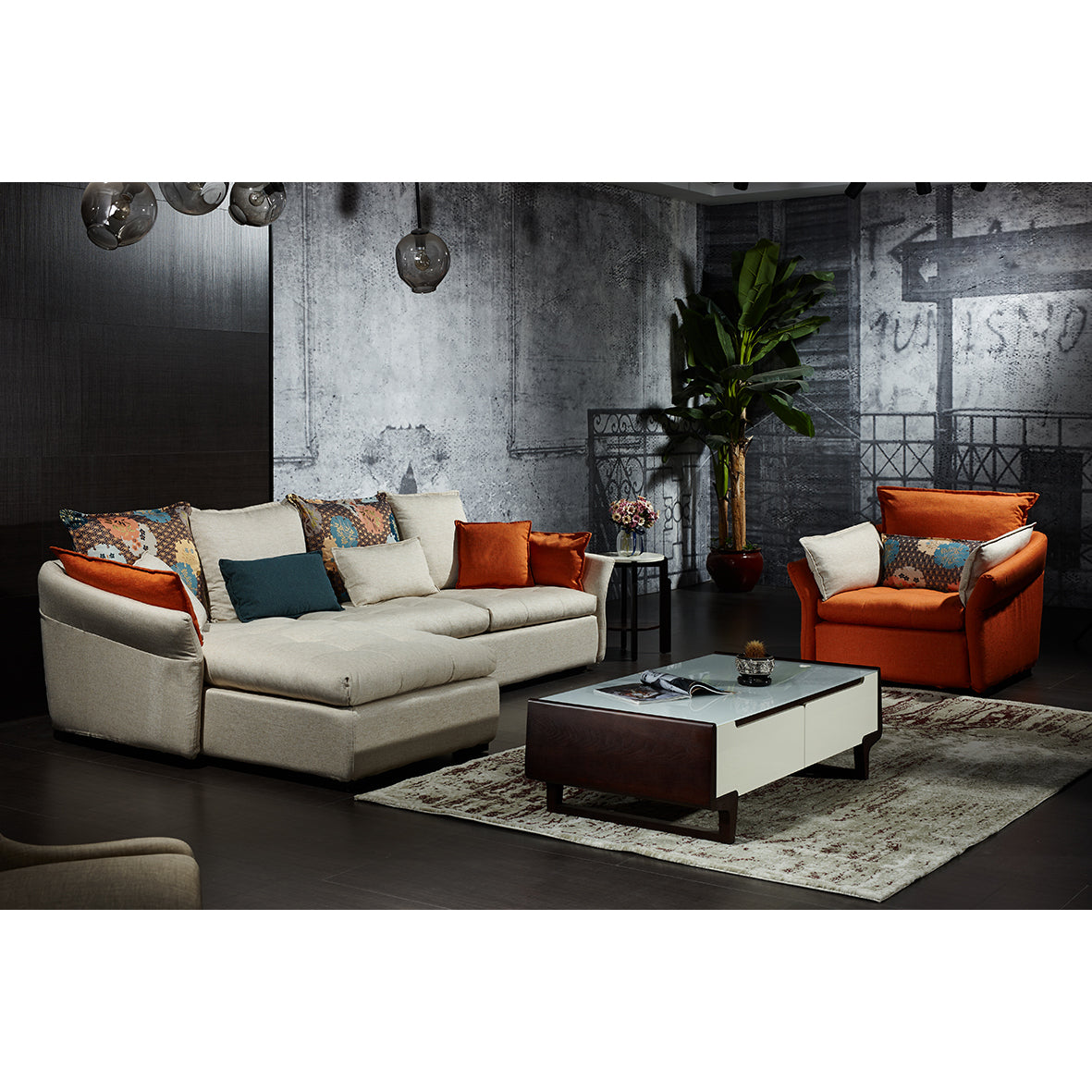 L-Shape Couch with Orange Armchair