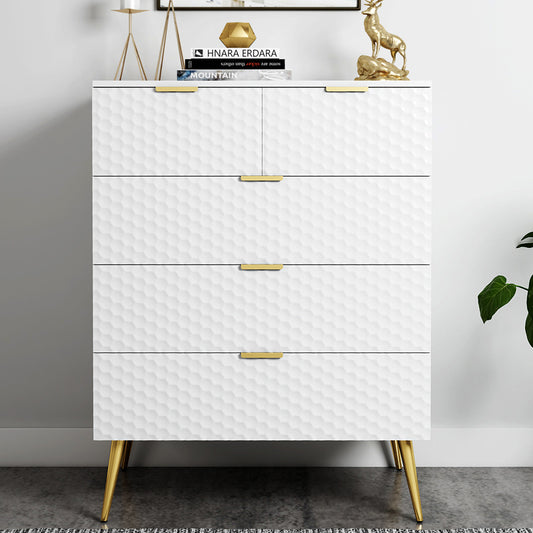 Modern 5-Drawer Side Cabinet with Honeycomb Design, Golden Pulls and Foots