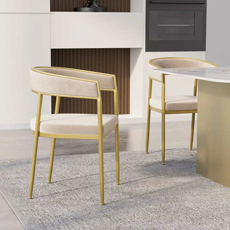 Modern Velvet Upholstered Dining Chair with Gold Metal Leg in Beige