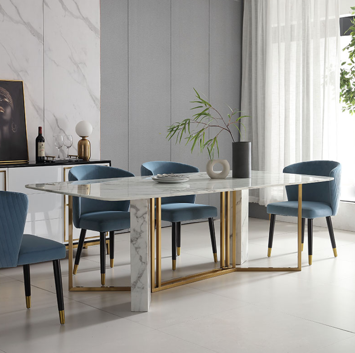 Contemporary design White Faux Marble Dining Table Rectangular Table in Brushed Gold