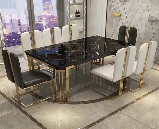 Contemporary Design Rectangle Large Dining Table in Gold with Black Faux Marble Top