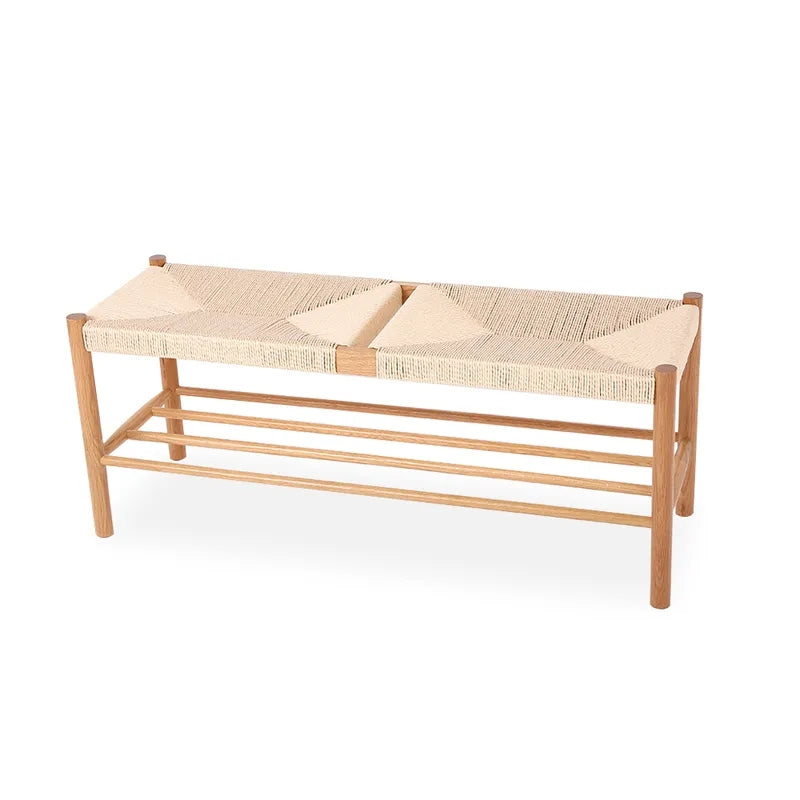 Japandi Natural Dining Room Bench Rattan Bench with Wood Legs