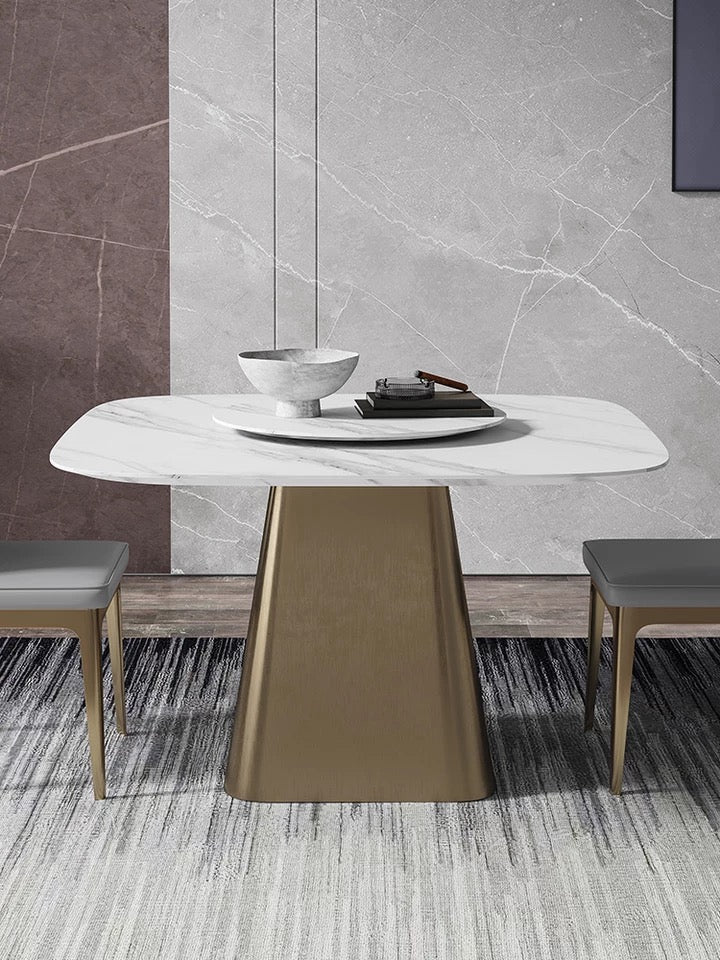 Contemporary Square Dining Table with Stone Top & Carbon Steel Base