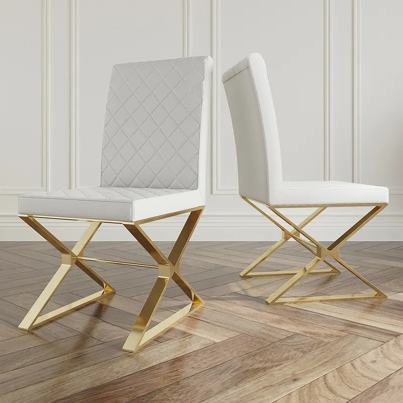 Dochic Modern White Leather Dining Room Chair Upholstered Gold Legs (Set of 2)