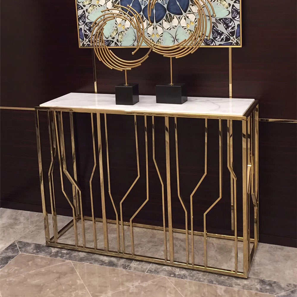 Contemporary Faux Marble Console Table, Gold Finish