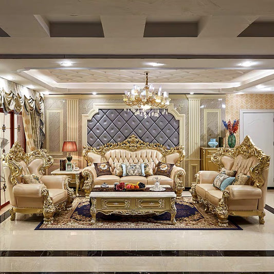 American all-solid wood sofa European leather living room furniture combination French luxury villa luxury carved sofa
